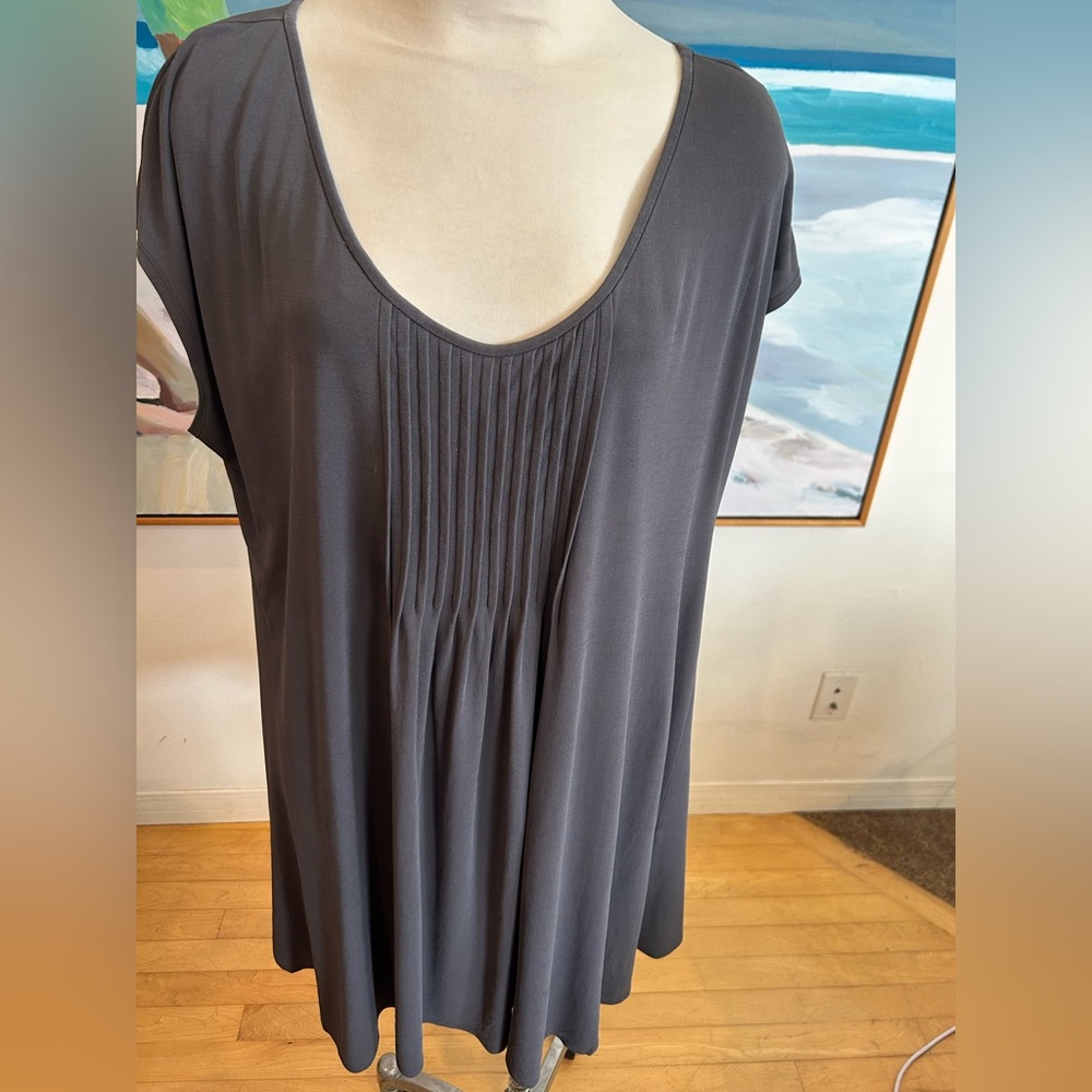 EILEEN FISHER Gray Silk Jersey Pleated Front Tunic Top, Sz XL